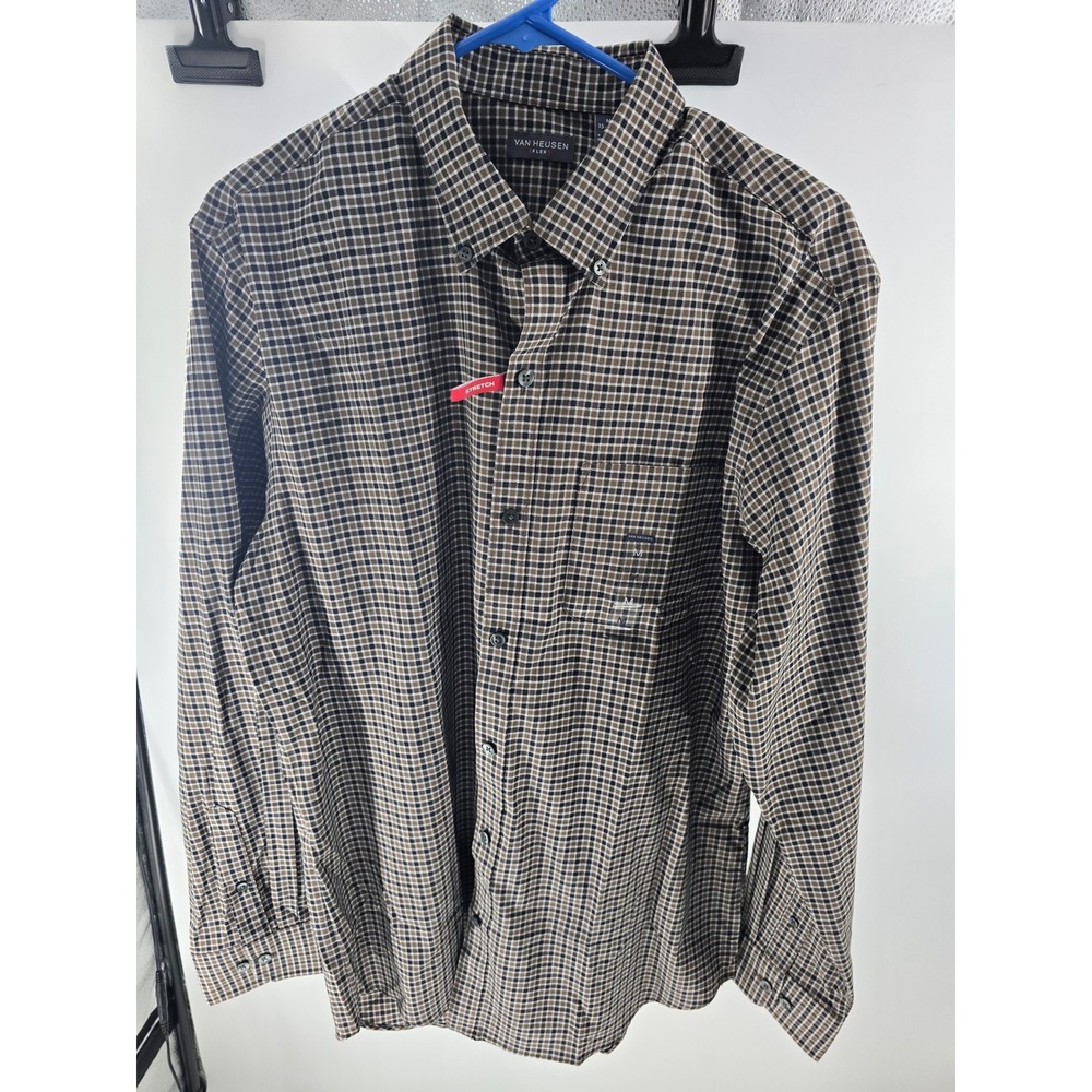 Van Heusen Flex Mens Brown Black Micro Check Long Sleeve Button Down Shirt M15.5